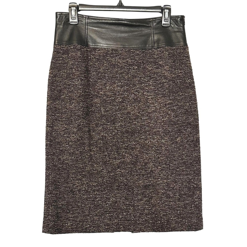 Lafayette 148 New York Skirt Womens 6 Black Brown Tweed Leather Waist Pencil‎